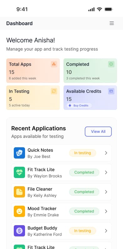 A mobile app dashboard for a tester platform, showing statistics and recent applications.