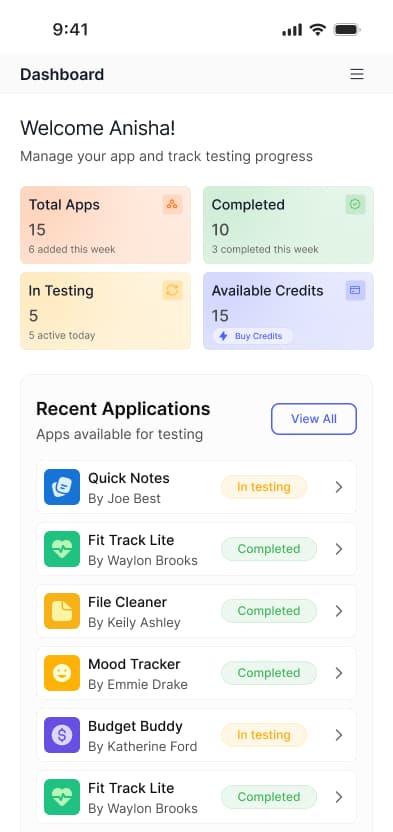 Screenshot of the community app showing a list of apps to test.